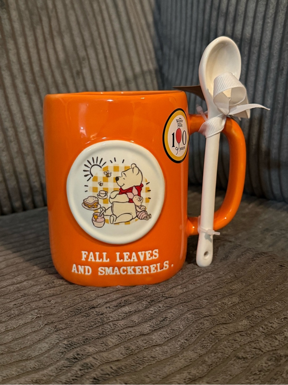 Rae Dunn x Disney Winnie the Pooh 'Fall Leaves & Smackerels' Orange Mug w/Spoon